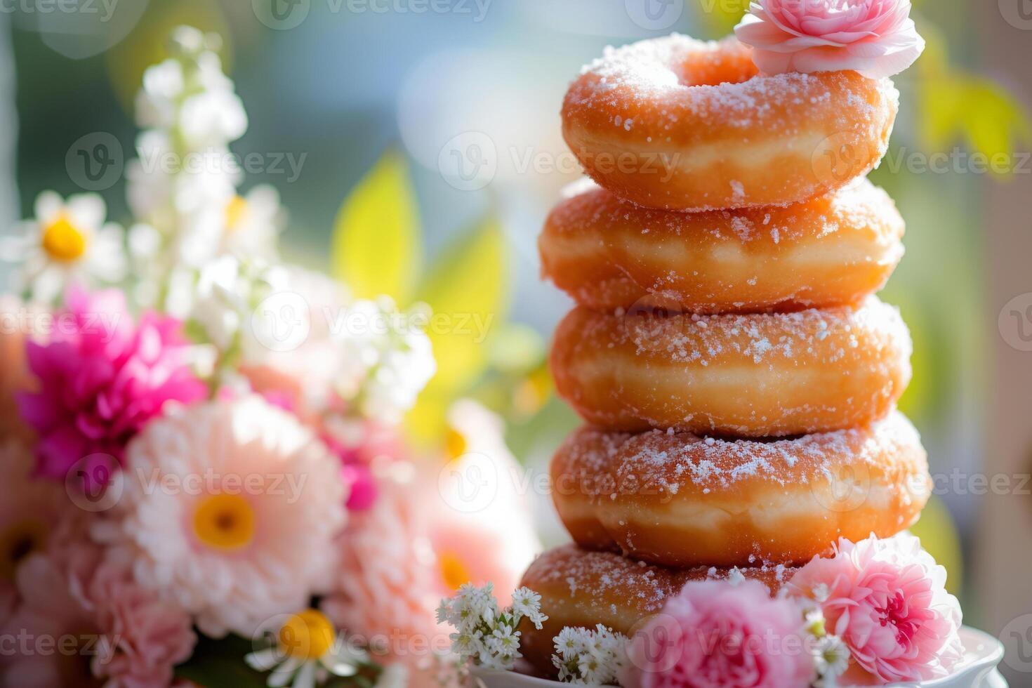 ai généré empiler de beignets avec floral arrangements dans le Contexte. génératif ai photo