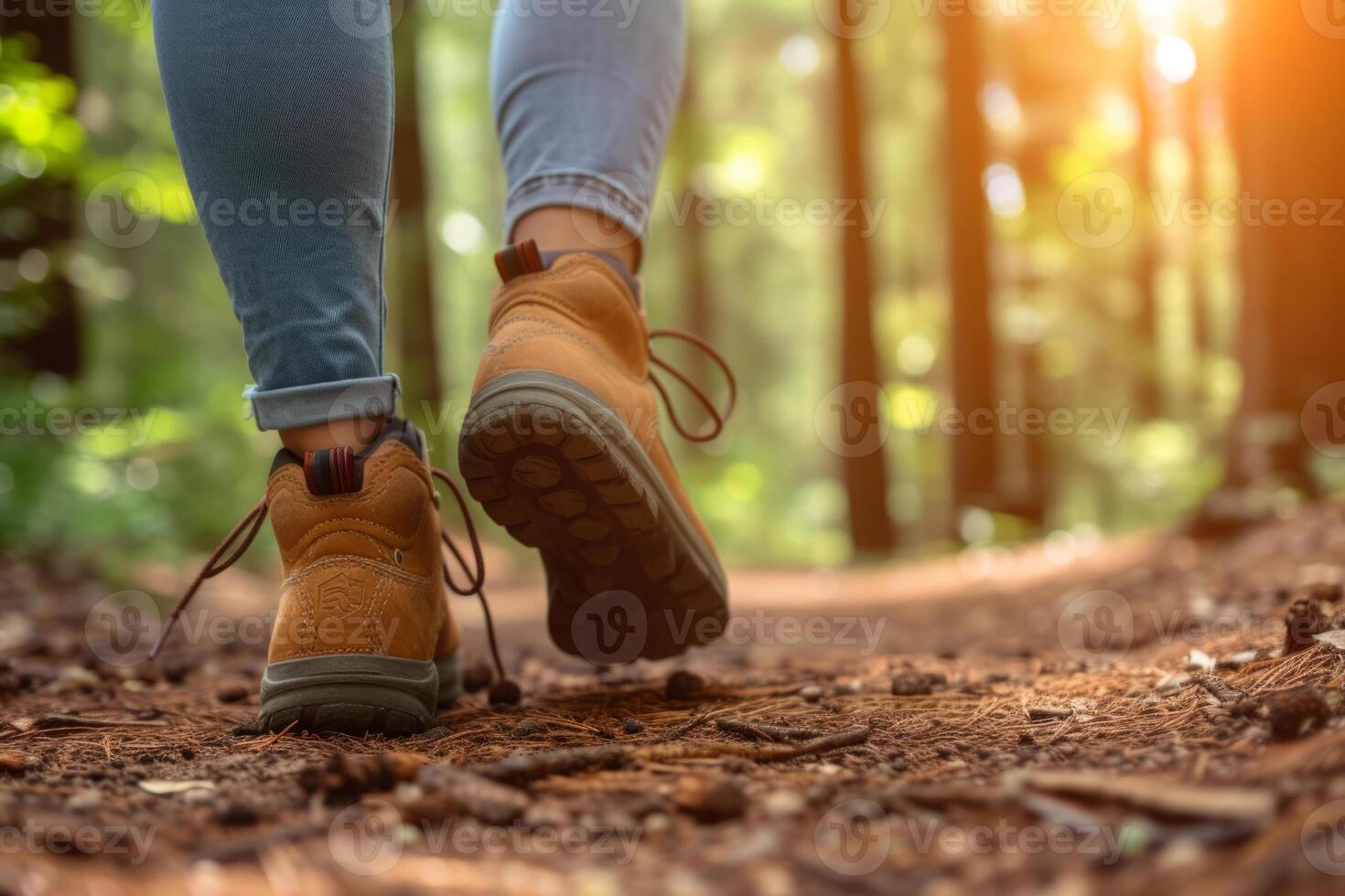 ai généré proche en haut de promeneur pieds en marchant en plein air dans le forêt. génératif ai photo