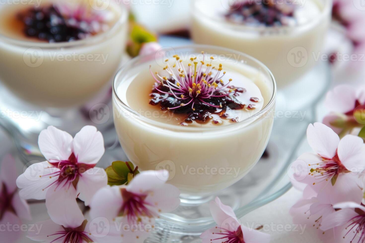 ai généré panna cotta surmonté avec une délicat Cerise fleurs dans sirop. génératif ai photo