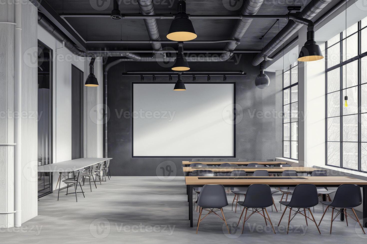 ai généré intérieur de moderne Bureau ou salle de cours avec tableau à feuilles. conférence pièce avec meubles et blanc l'écriture planche. génératif ai photo