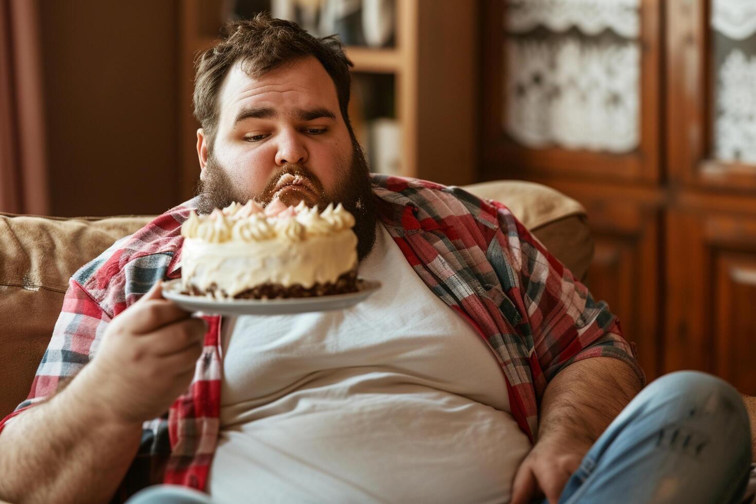 ai généré graisse homme en mangeant gâteau tandis que séance sur canapé à Accueil avec ai généré. photo