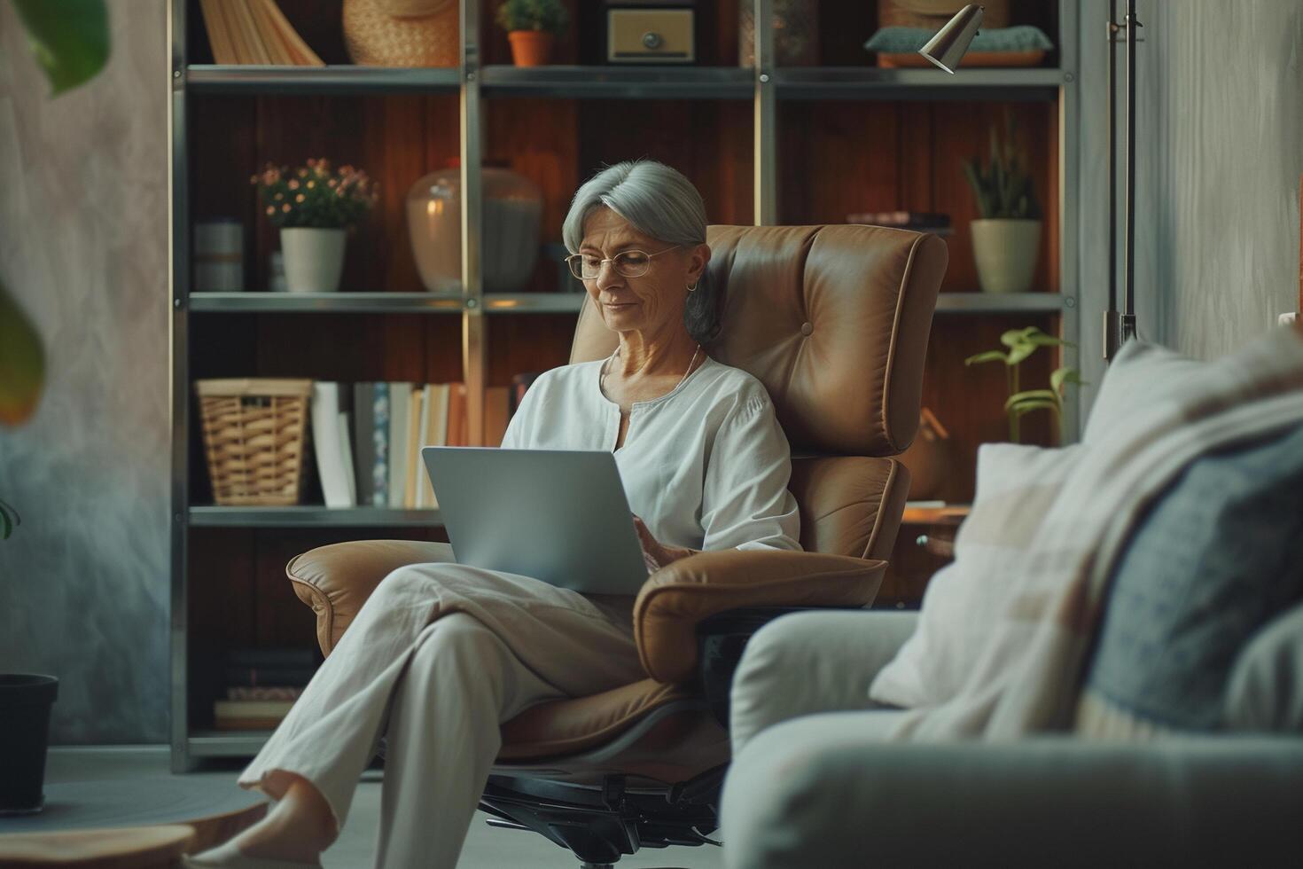 ai généré mature femme en utilisant portable dans confortable Accueil intérieur avec ai généré. photo