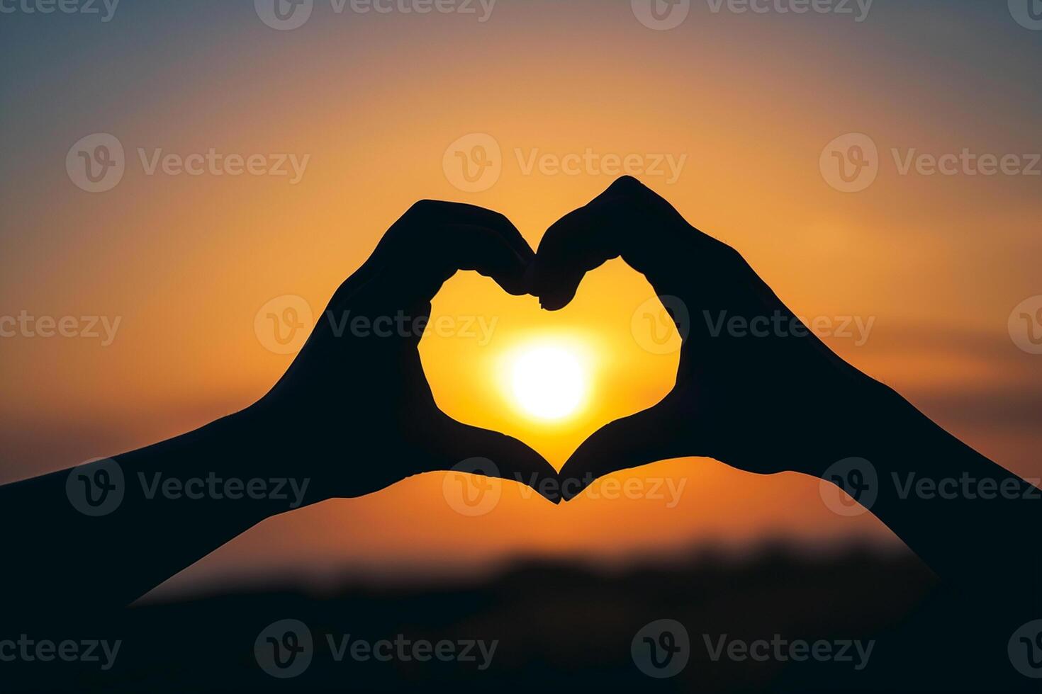 ai généré silhouette de mains formant une cœur forme autour une le coucher du soleil photo