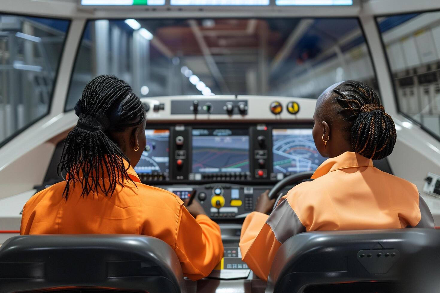 ai généré femelle train opérateur dans véhicule cabine avec ai généré. photo