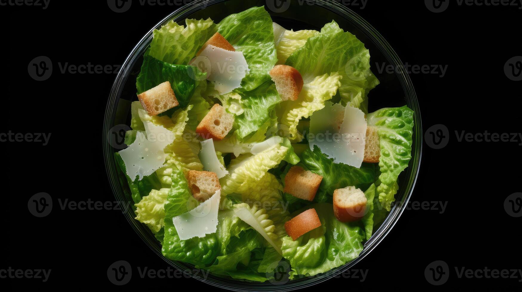 ai généré classique César salade avec croustillant fait maison Croûtons et une lumière César pansement. déchiqueté ou rasé Parmesan fromage. meilleur plat pour impressionner dîner invités. photo