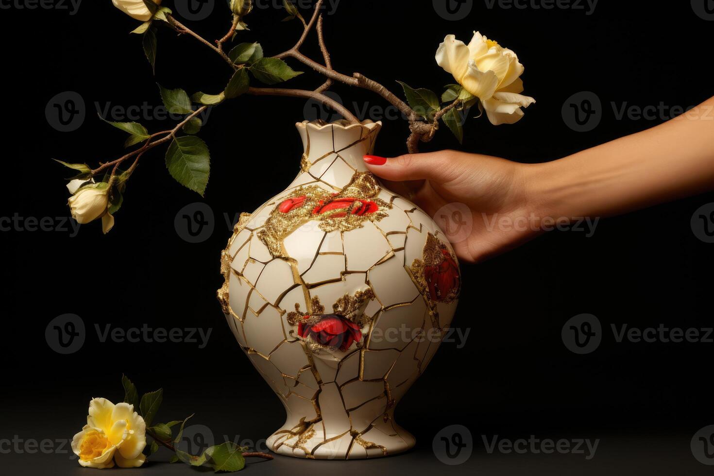 ai généré main en portant une magnifique vieux cassé fleur vase isolé sur une foncé Contexte. photo