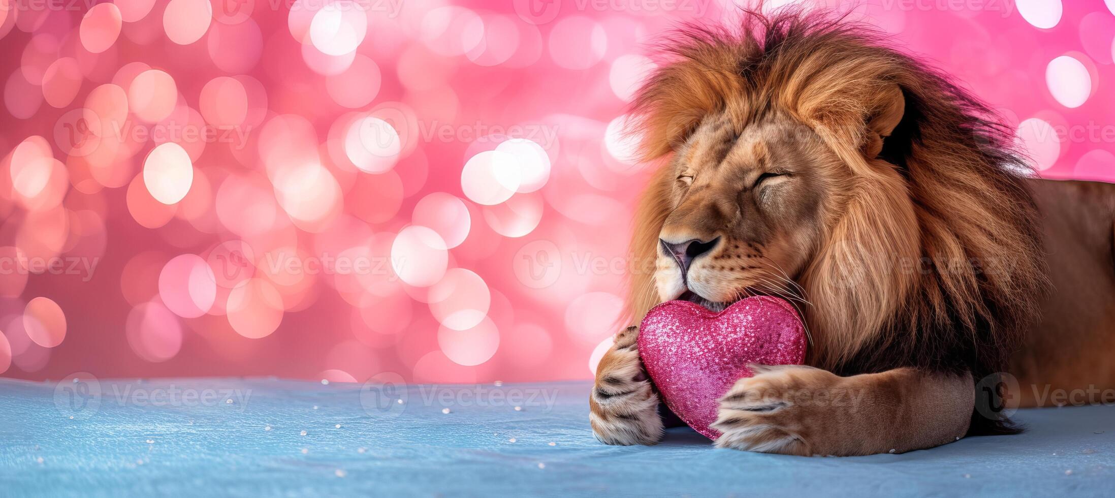 ai généré Valentin s Lion présente cœur en forme de cadeau à mignonne animaux sur flou Contexte avec texte zone. photo