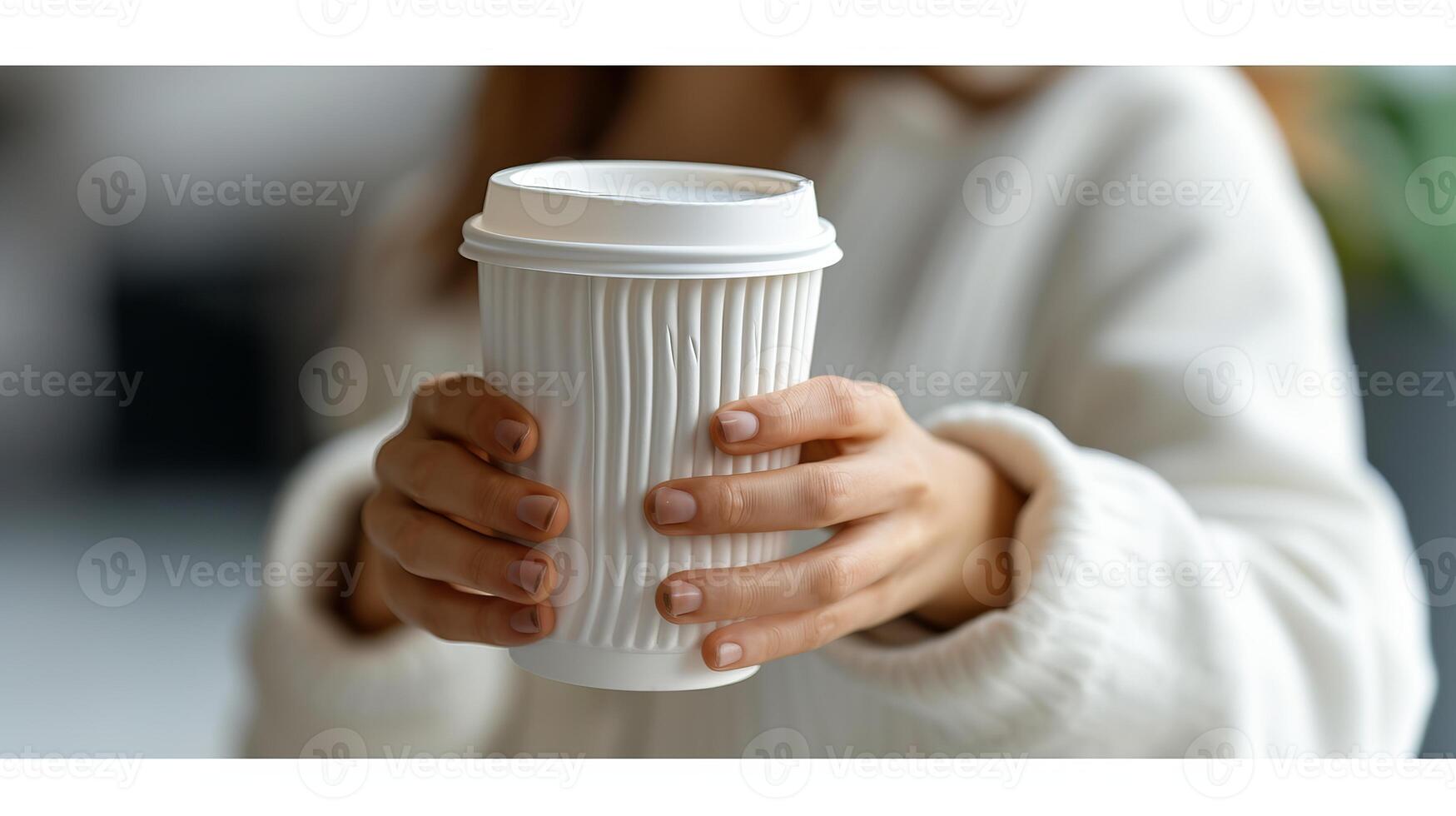 ai généré proche en haut de femme d'affaires en portant vide café à aller tasse avec concentrer sur tasse détails et main. photo