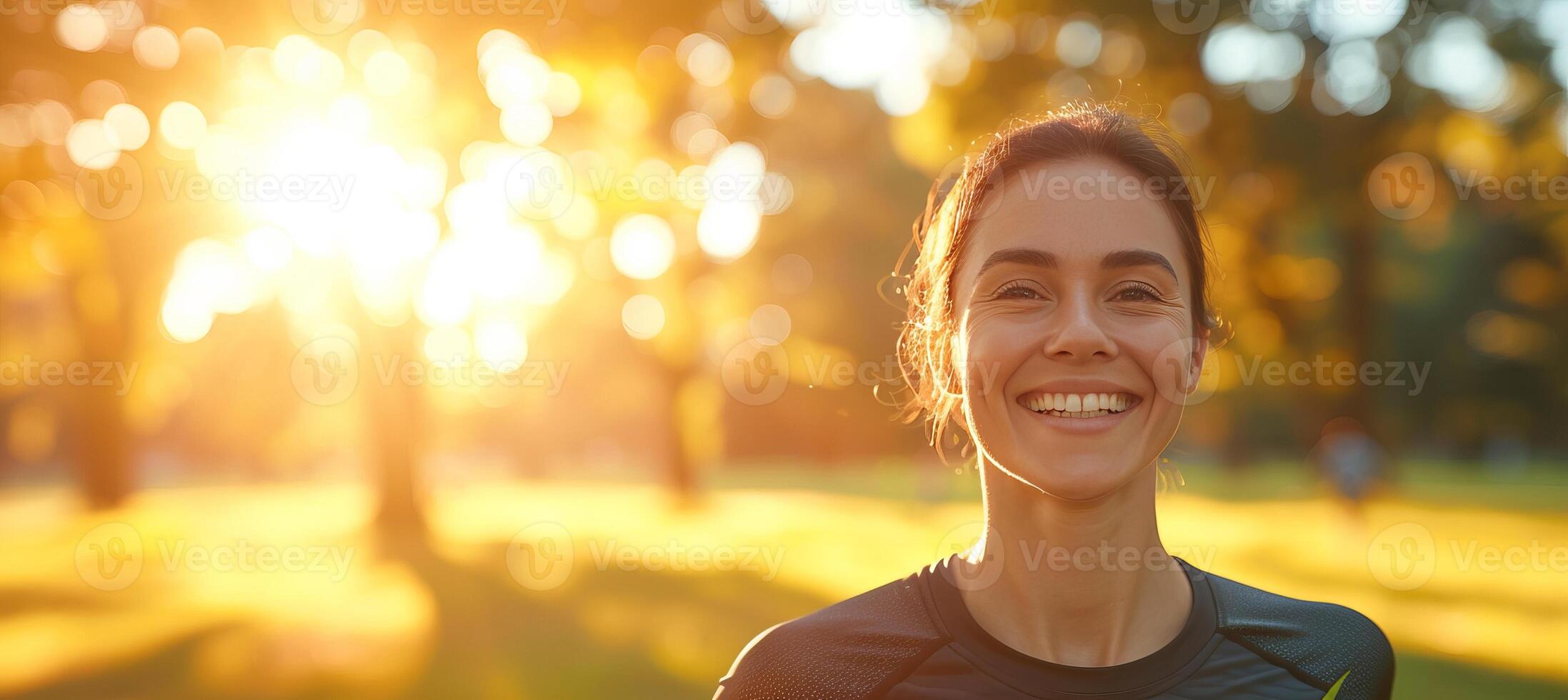 ai généré actif et en bonne santé femme avec magnifique sourire Piste fonctionnement dans Urbain marathon et triathlon un événement photo