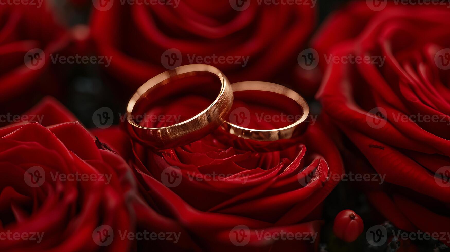 ai généré proche en haut de rouge or mariage anneaux avec vibrant rouge des roses et bokeh éclairage pour texte placement photo