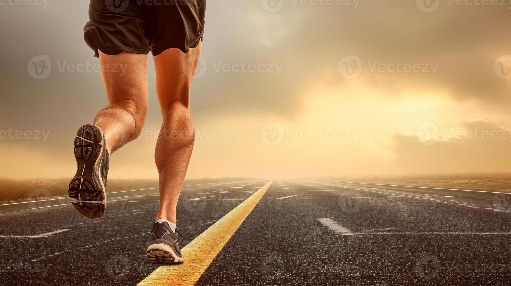 ai généré coureur s jambes fonctionnement vers le bas longue désert route dans le coucher du soleil avec copie espace pour texte placement photo