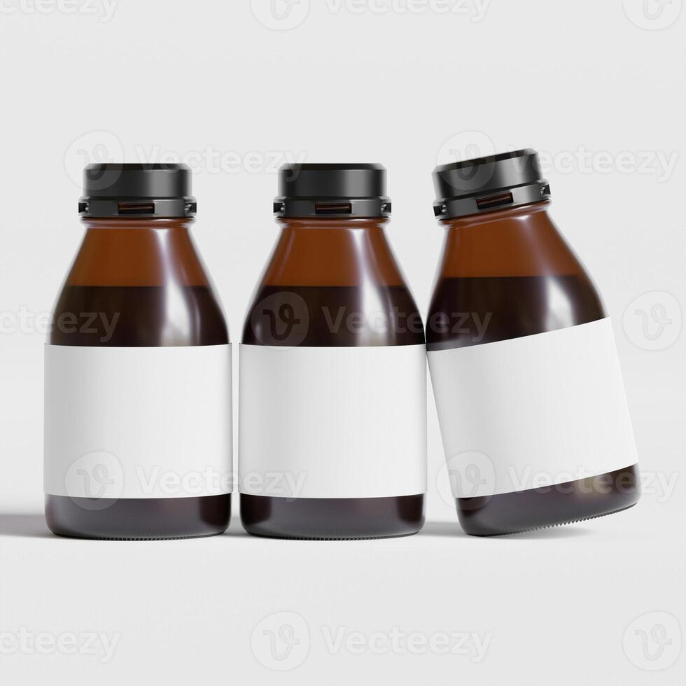 médicament bouteille de marron verre isolé sur blanc Contexte avec coupure chemin. la toux sirop, maquette 3d le rendu illustration photo
