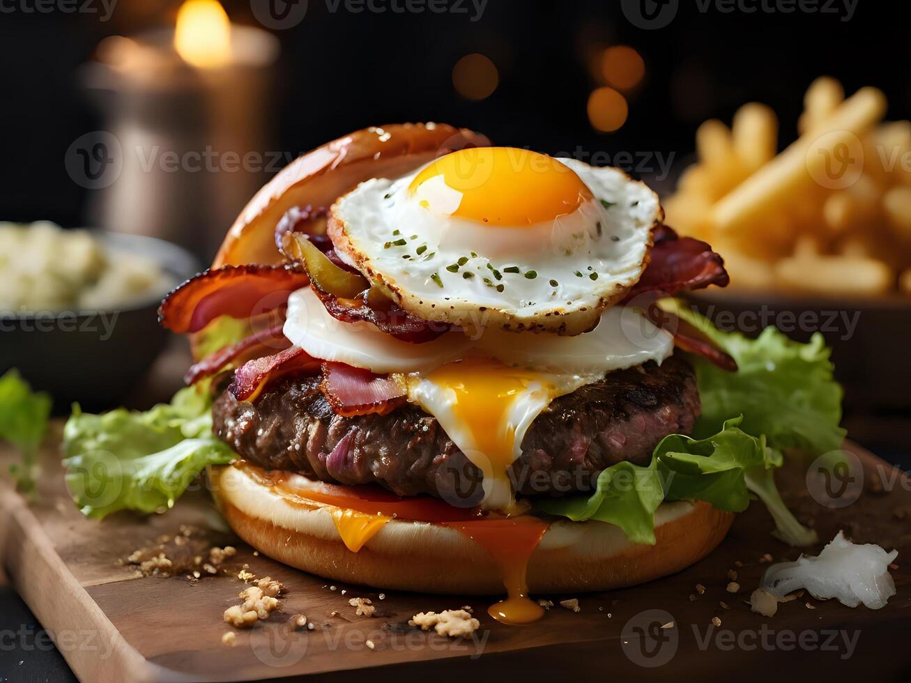 ai généré Hamburger rempli avec frit œuf, bœuf, bacon, salade et fromage photo