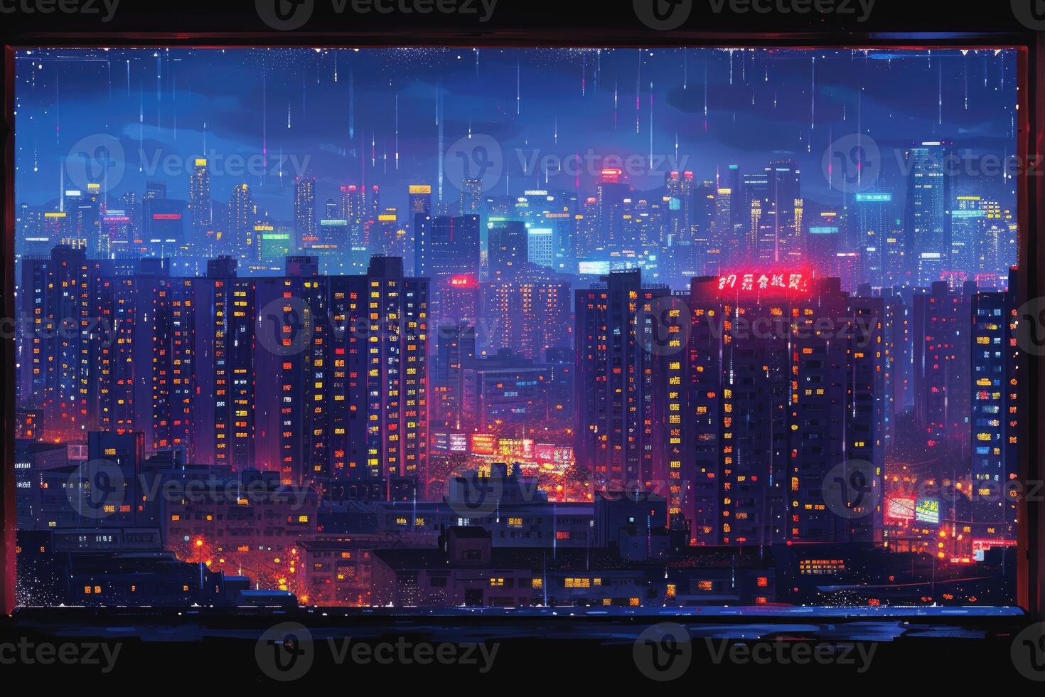 ai généré panoramique fenêtre montrant une vue de une nuit temps ville allumé en haut avec lumières et pluvieux professionnel la photographie photo