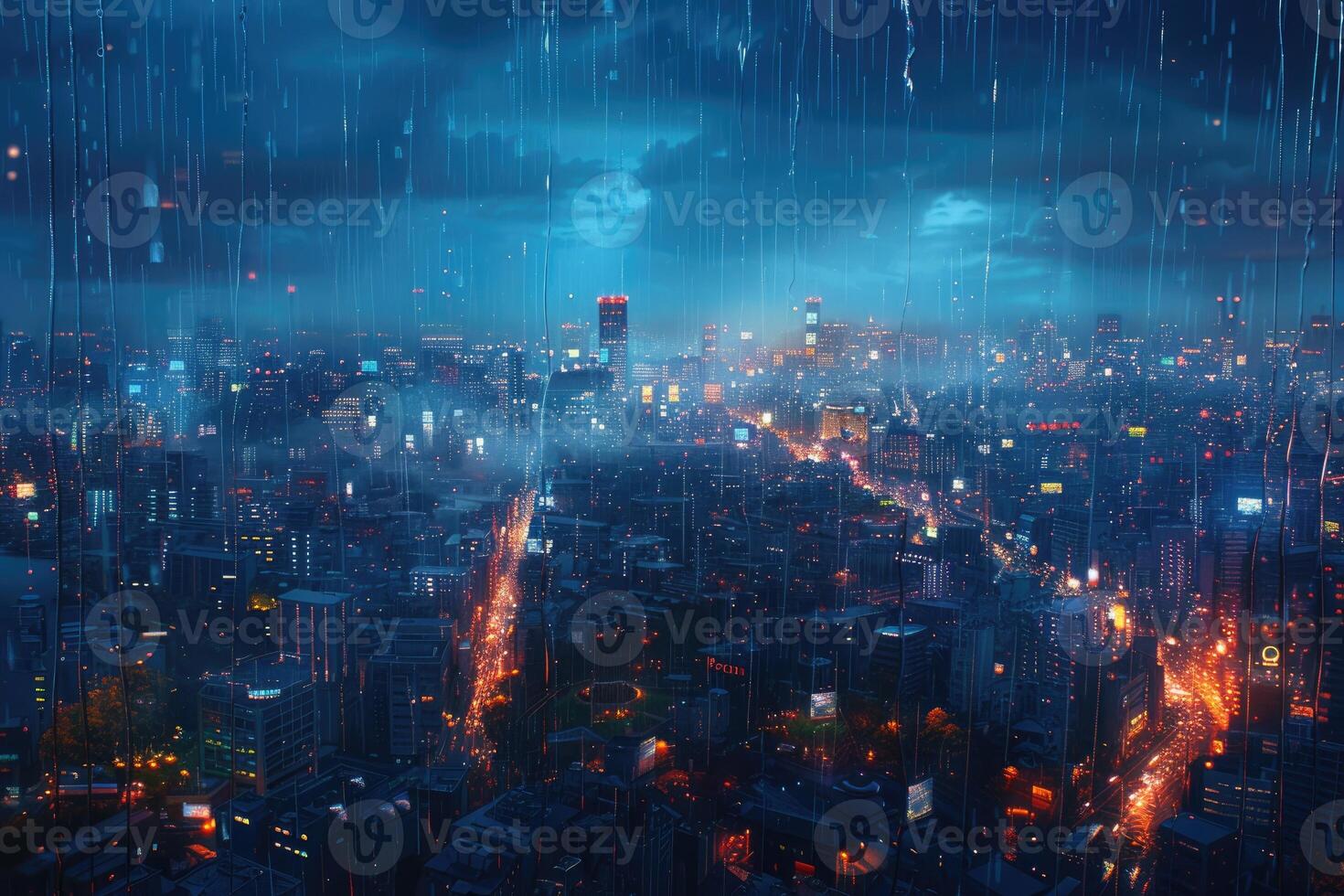 ai généré panoramique fenêtre montrant une vue de une nuit temps ville allumé en haut avec lumières et pluvieux professionnel la photographie photo