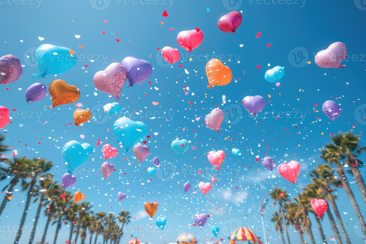 ai généré cœur en forme de confettis chute de une brillant bleu ciel professionnel la photographie Contexte photo