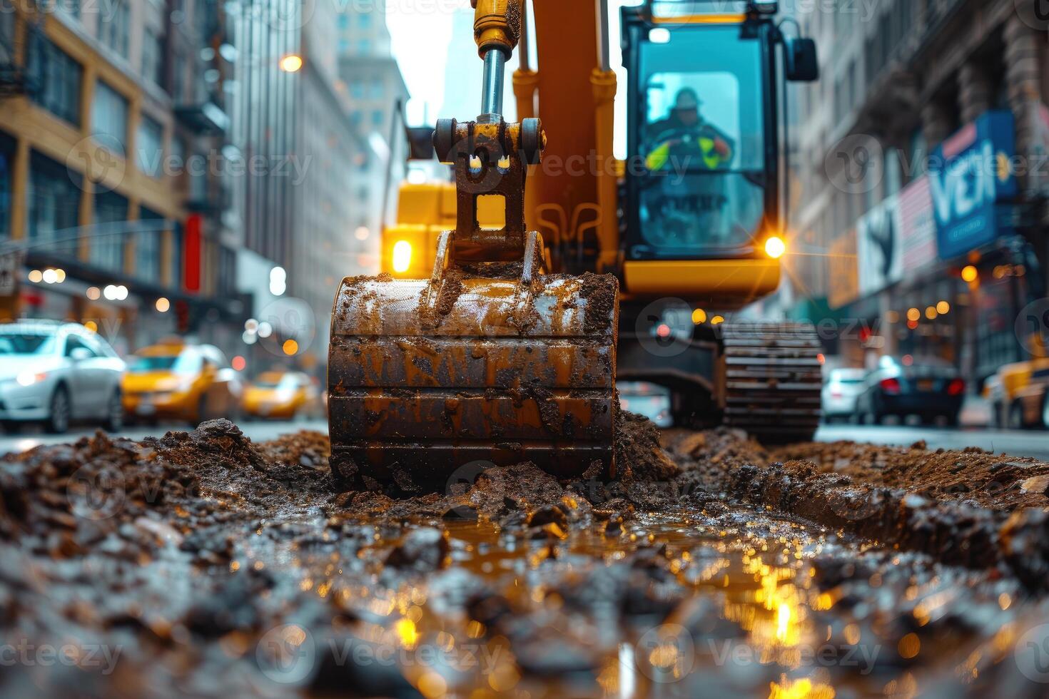 ai généré un excavatrice creusement saleté sur une construction professionnel la photographie photo