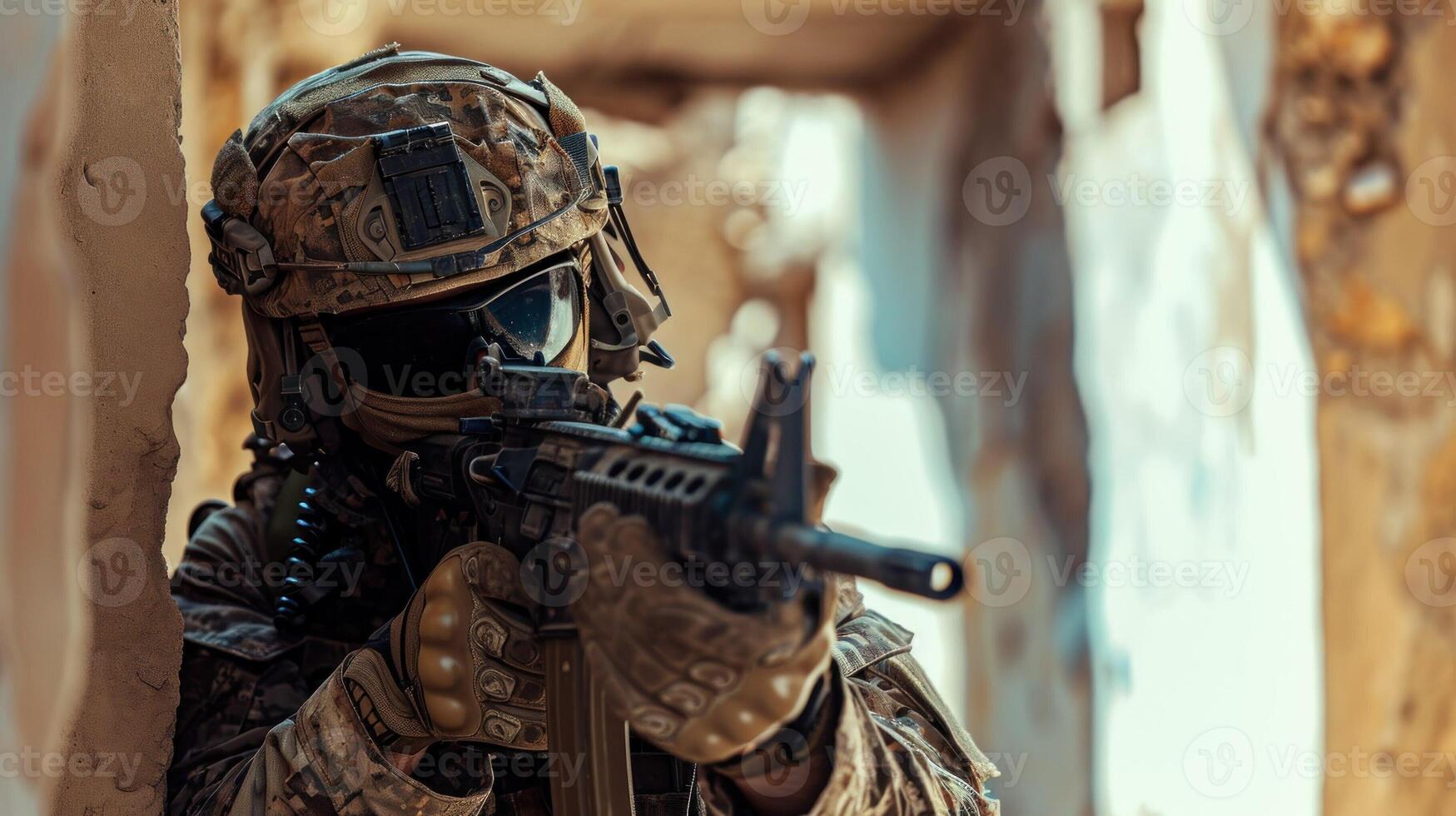 ai généré soldat dans moderne guerre. spécial les forces troupes photo