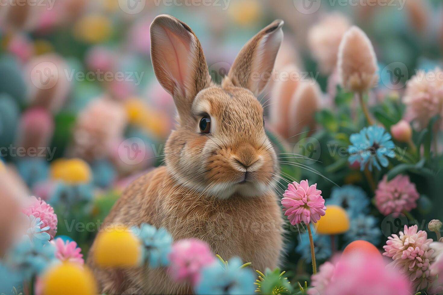 ai généré mignonne marron lapin entouré par coloré Pâques des œufs et printemps fleurs photo