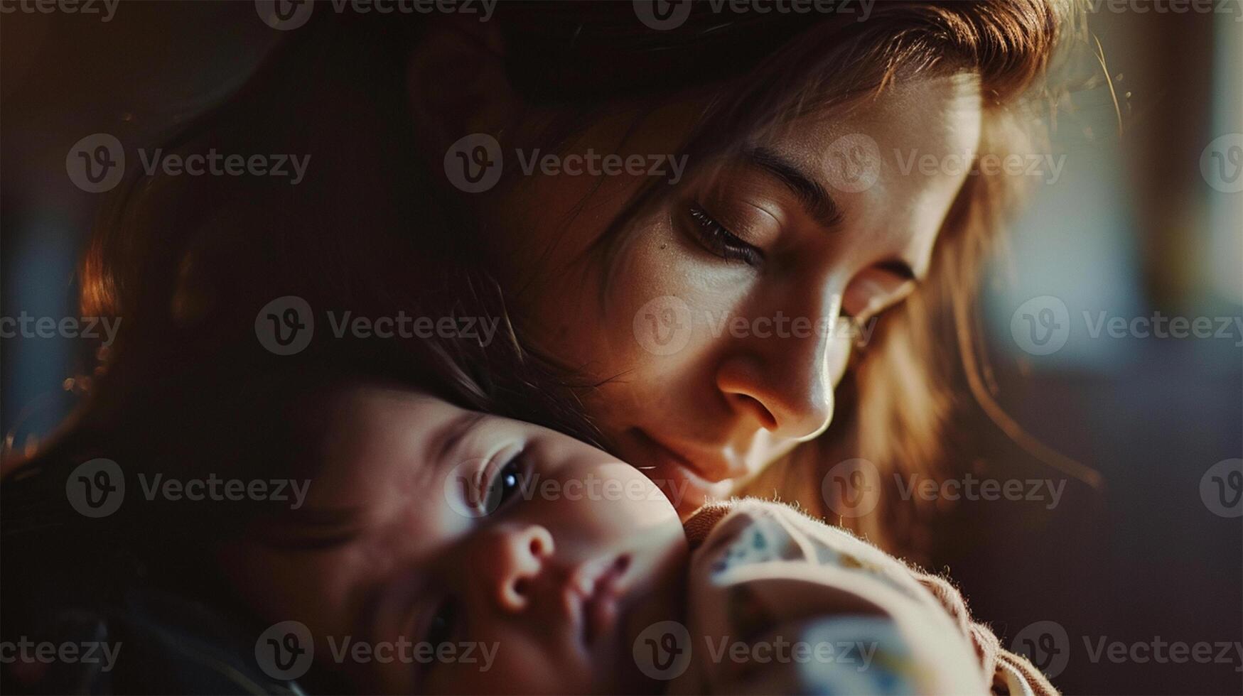 ai généré maternel embrasse à aube. une soumissionner moment comme une mère berceaux sa en train de dormir bébé dans le doux Matin lumière. photo