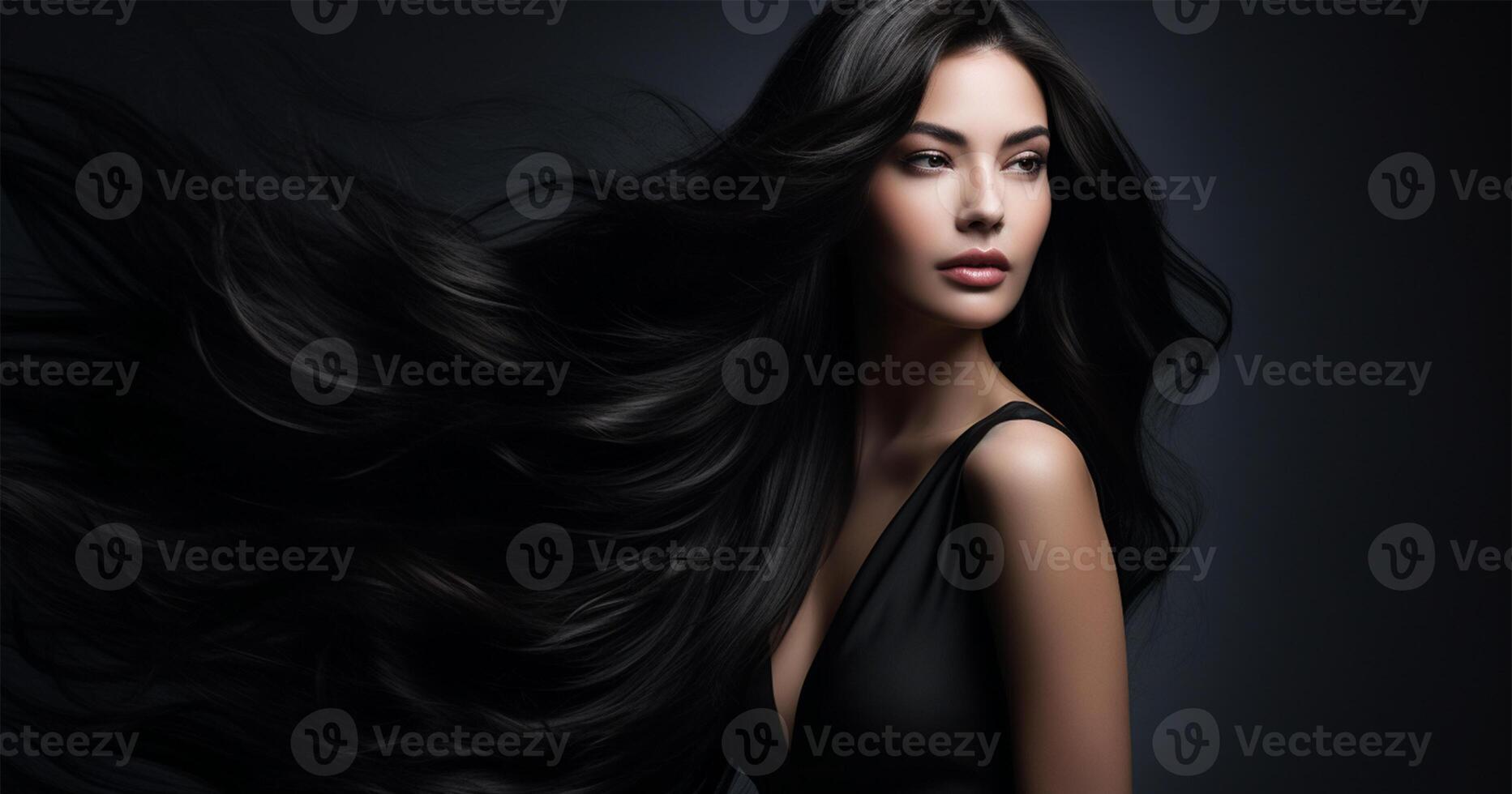 ai généré femme avec long, écoulement foncé cheveux et captivant beauté, studio shot.luxueux écoulement cheveux beauté portrait. photo