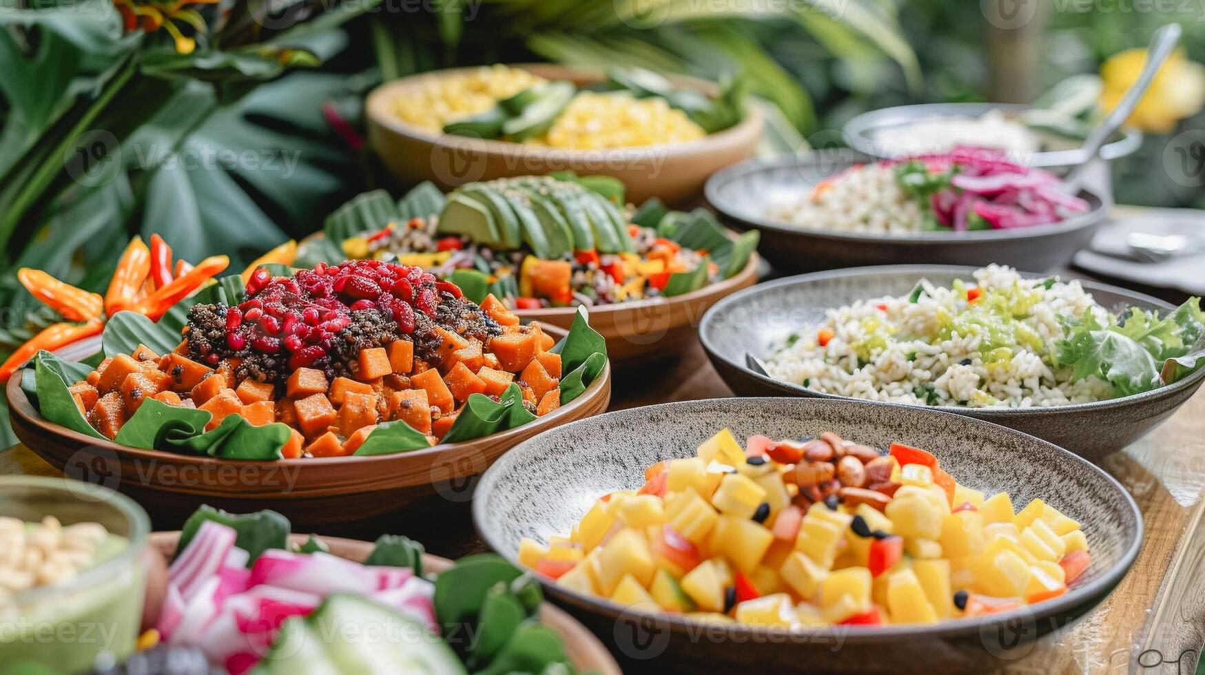 ai généré coloré assortiment de en bonne santé végétalien boules. variété de vibrant végétalien vaisselle affiché sur une en bois tableau, avec Frais des fruits, légumes, et céréales photo