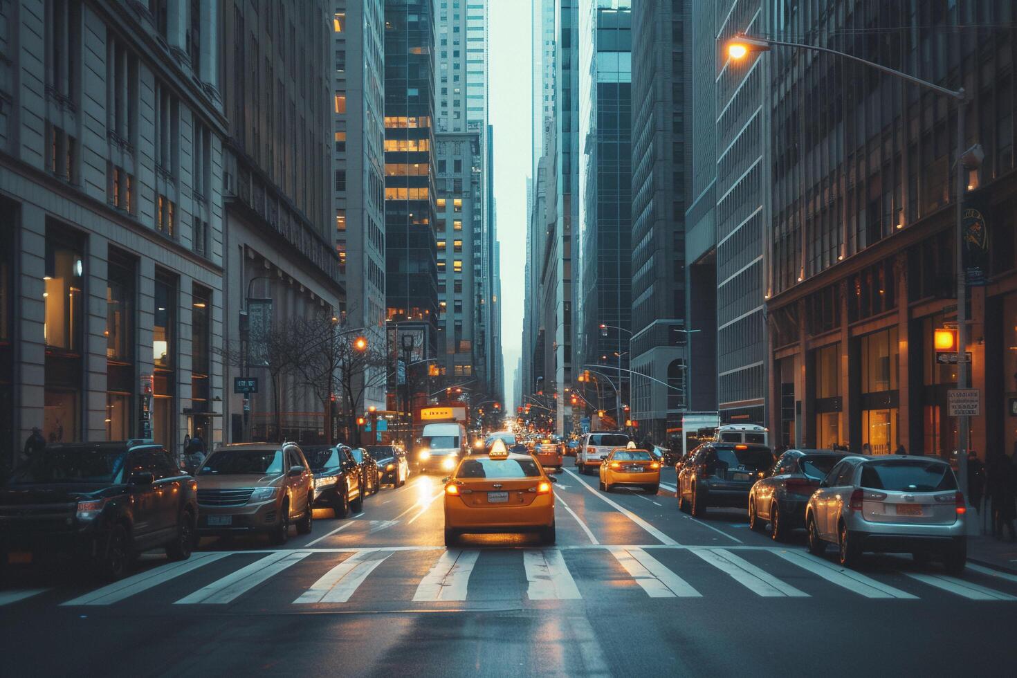 ai généré Nouveau york ville rue vue à le coucher du soleil. photo