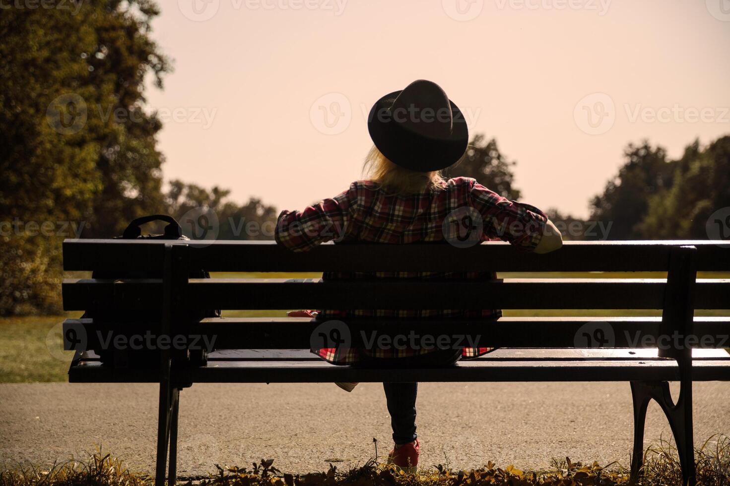 Jeune femme dans une chapeau et une plaid chemise est assis sur une banc près une Prairie dans le parc.fond flou. sélectif se concentrer. haute qualité photo