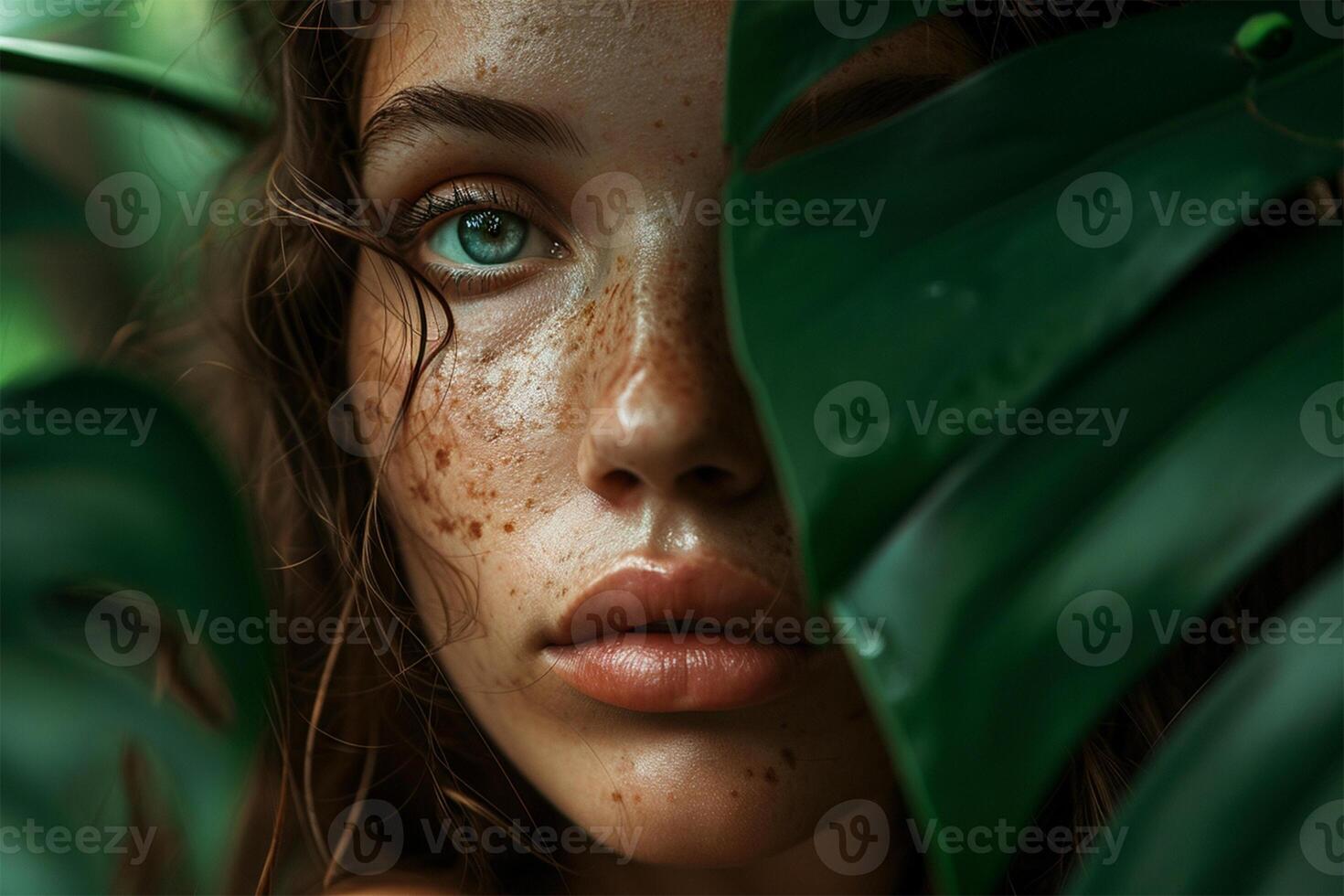 ai généré portrait de une roux Jeune femme parmi vert tropical feuilles dans tropical humide climats photo