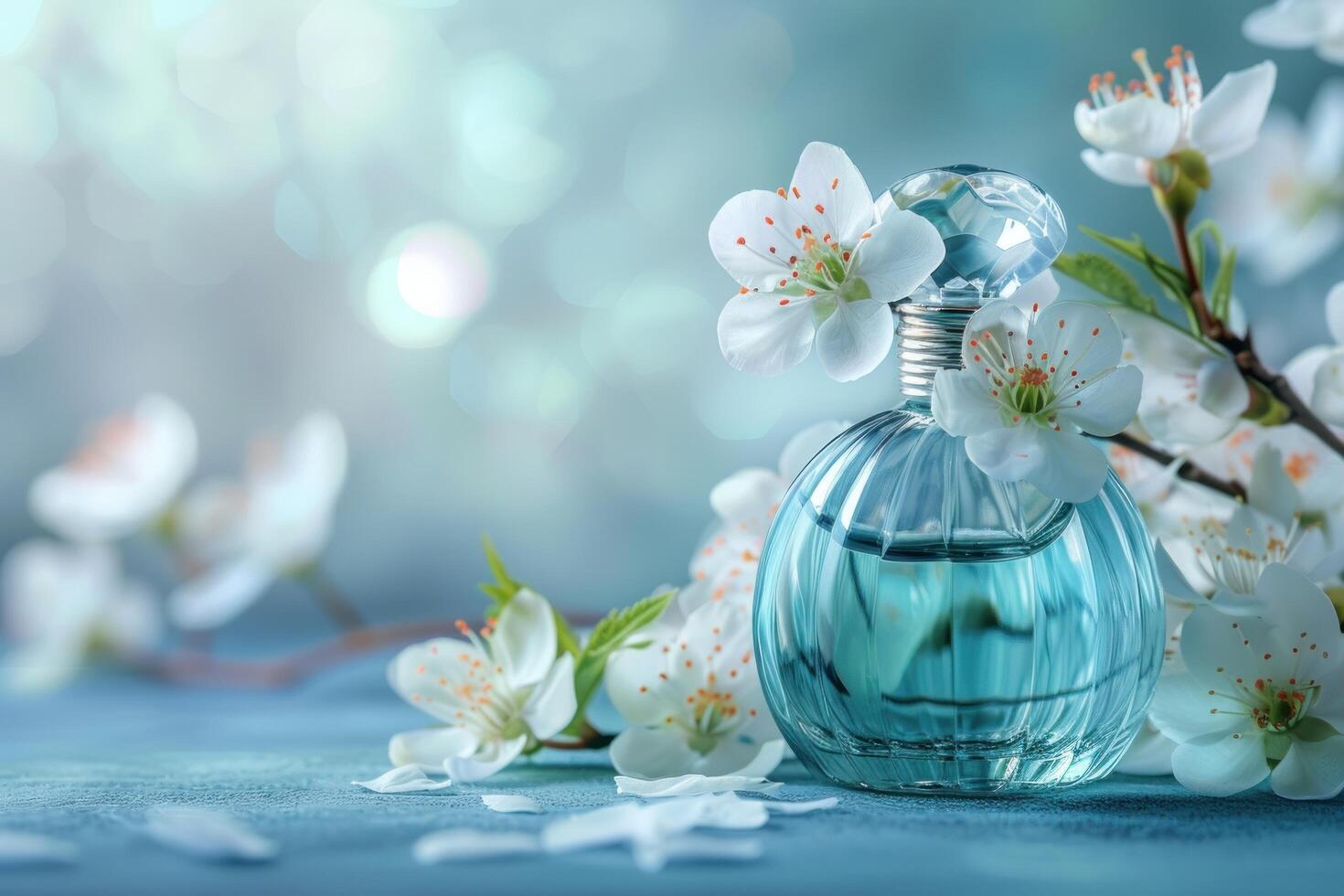 ai généré parfum bouteille sur fleur avec blanc fleurs et bleu Contexte photo