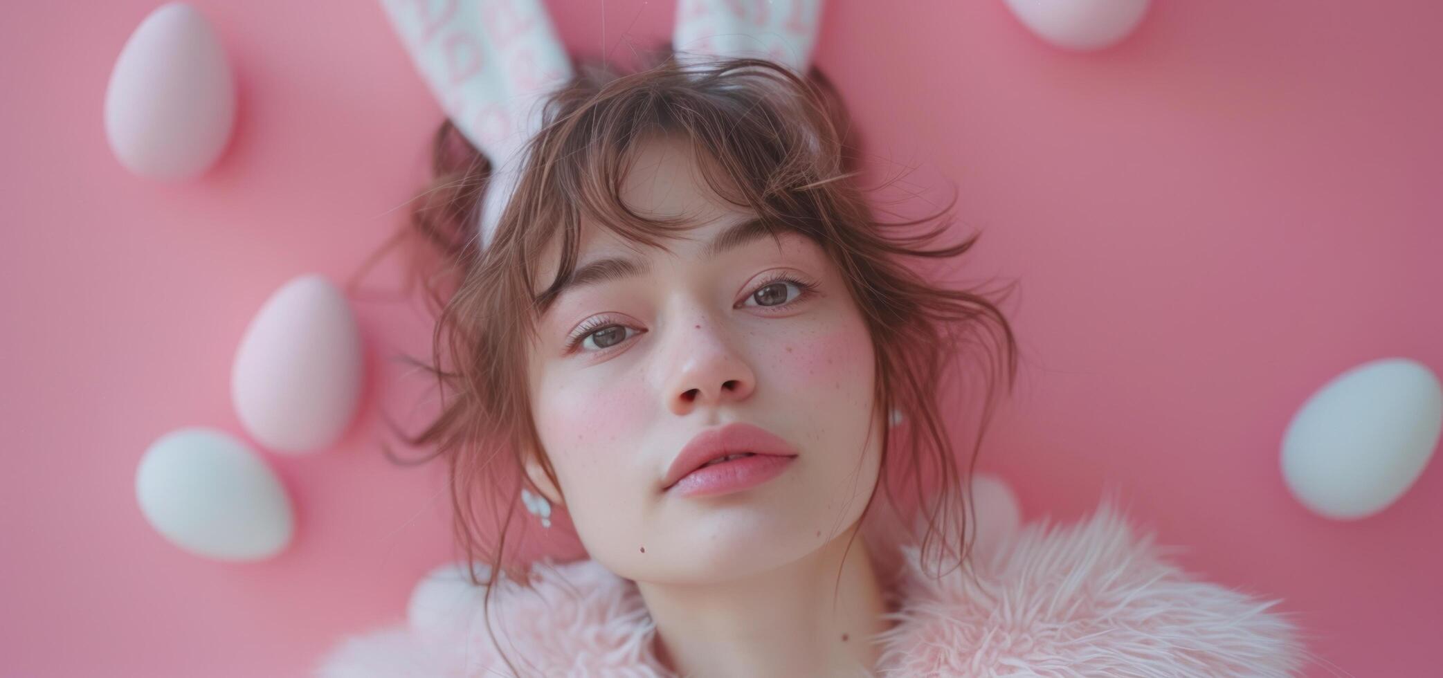 ai généré femme avec lapin oreilles avec Pâques des œufs sur rose Contexte photo