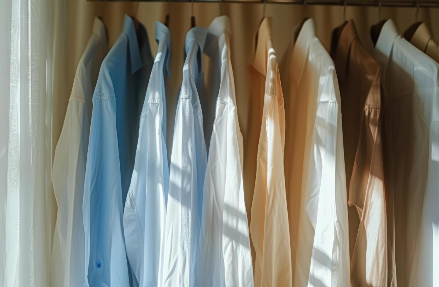 ai généré blanc et bleu chemises sont pendaison sur une blanc tissu photo