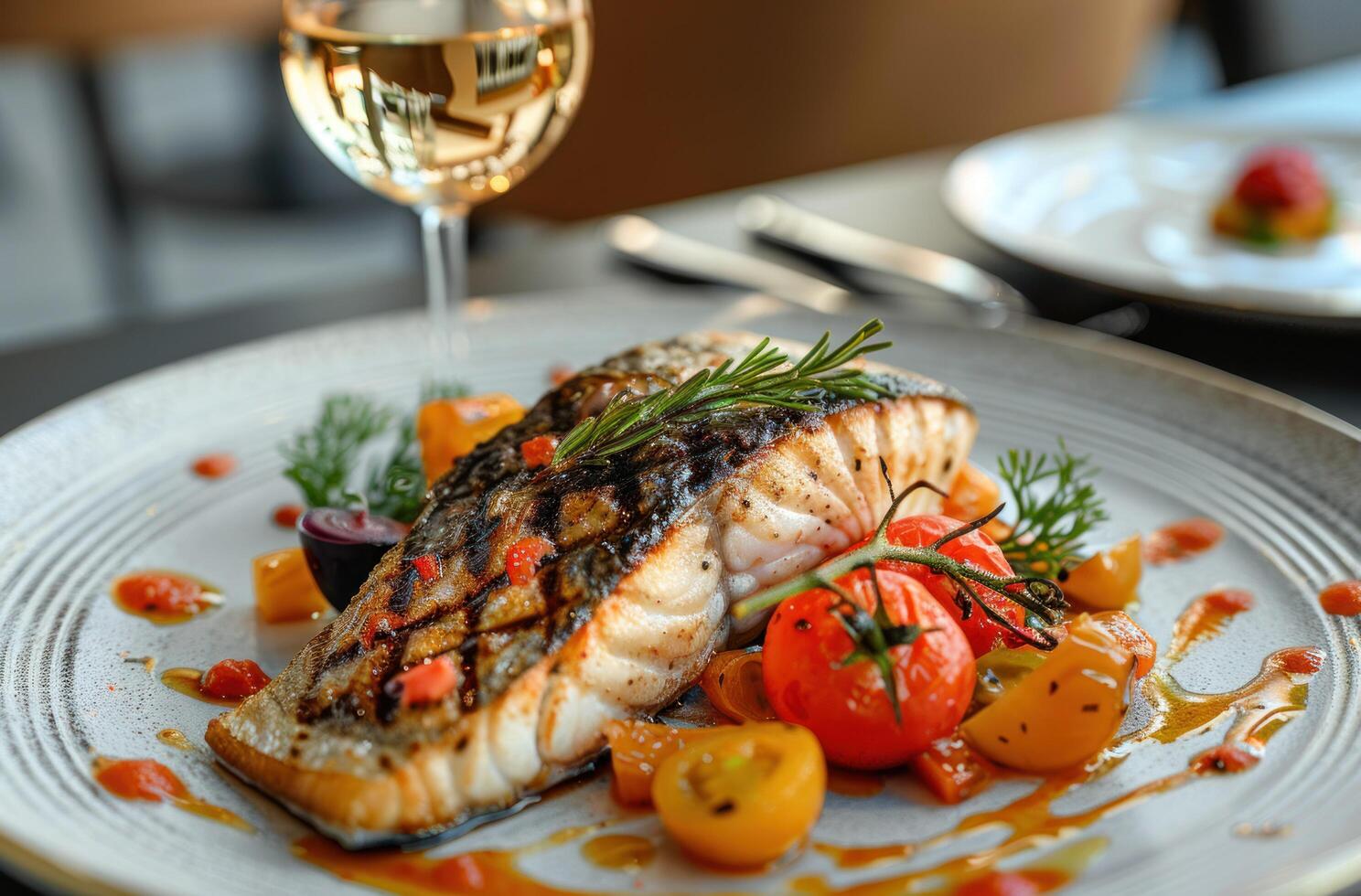 ai généré grillé poisson avec des légumes sur une plaque. photo