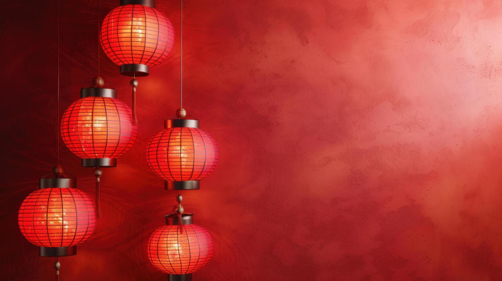 ai généré chinois lanternes sur une minimaliste rouge Contexte. beaucoup de gratuit espace pour texte dans le centre photo