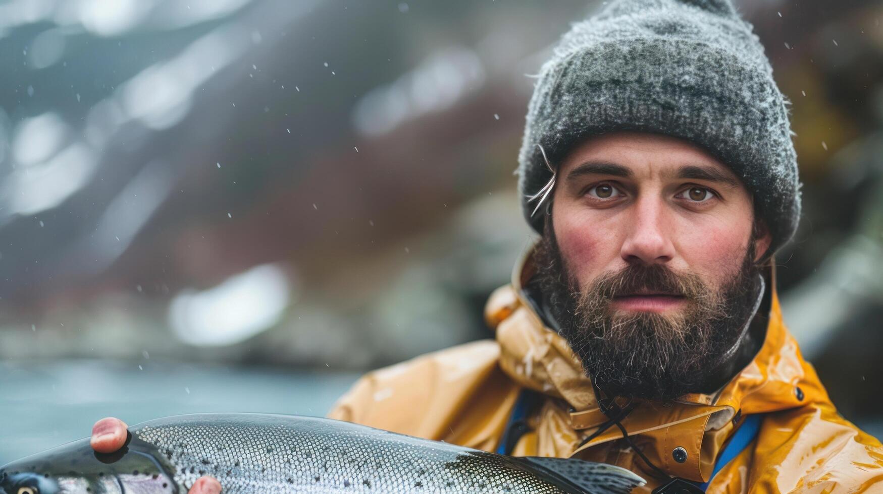 ai généré pêcheur avec Frais capture dans l'automne rivière photo