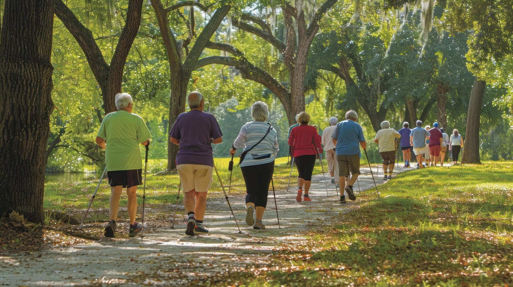 ai généré Sénior promenade dans verdoyant les bois photo