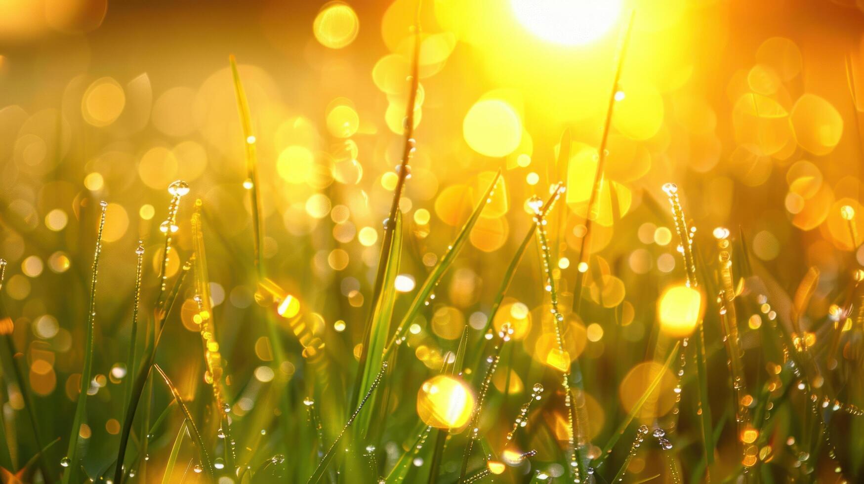 ai généré dans le de bonne heure lumière, embrassé par la rosée lames de herbe miroiter avec fraîcheur photo