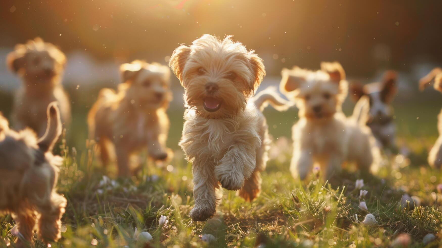 ai généré chiots gambader et chute sur une ensoleillé herbeux pelouse photo