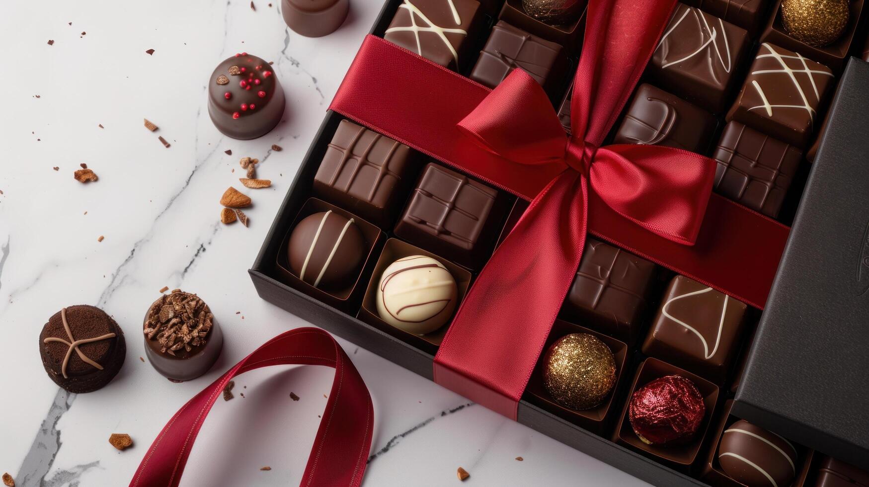 ai généré une luxueux collection de fabriqués à la main des chocolats présenté dans une cadeau boîte orné avec une rouge ruban photo