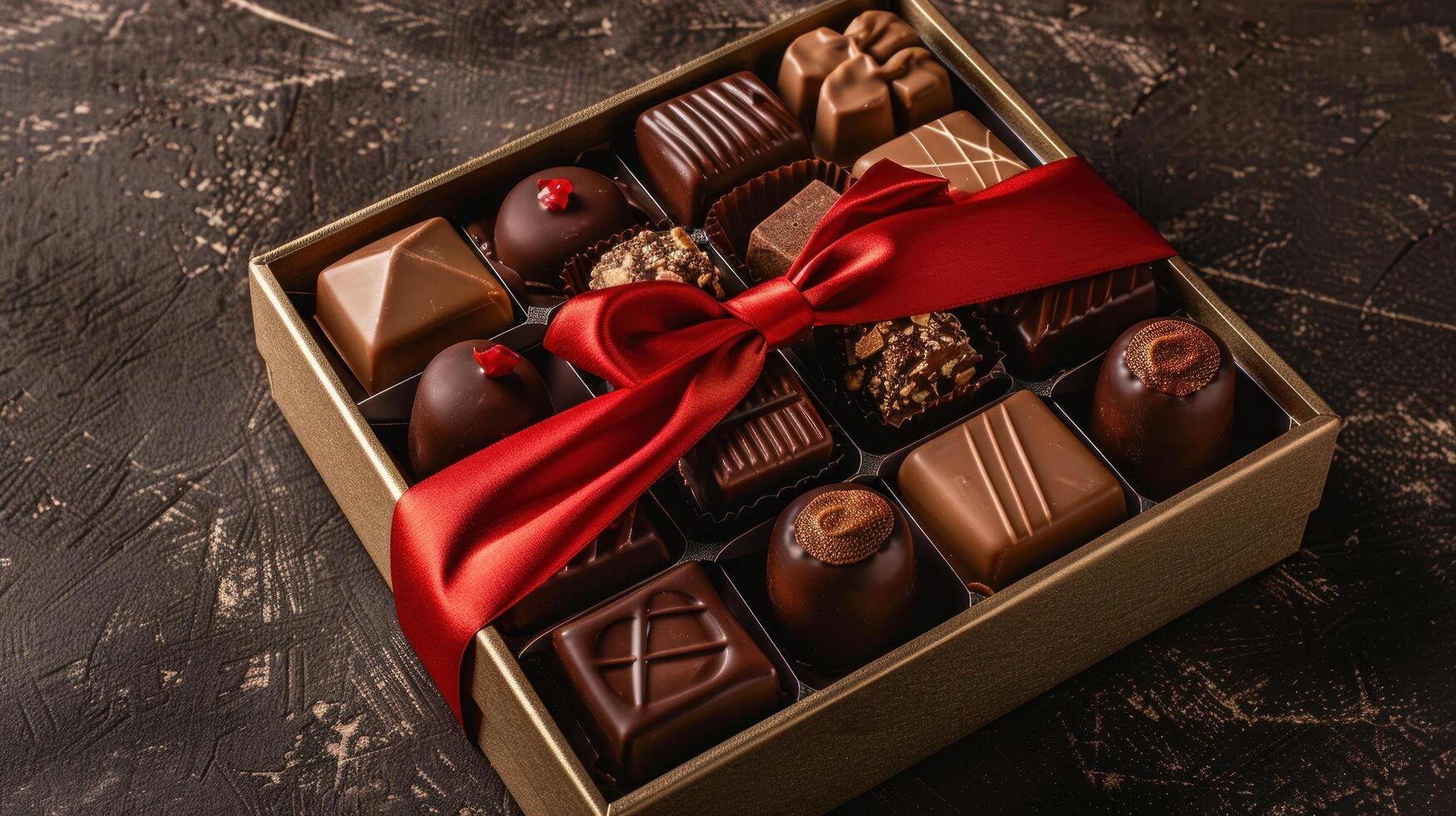 ai généré une luxueux collection de fabriqués à la main des chocolats présenté dans une cadeau boîte orné avec une rouge ruban photo