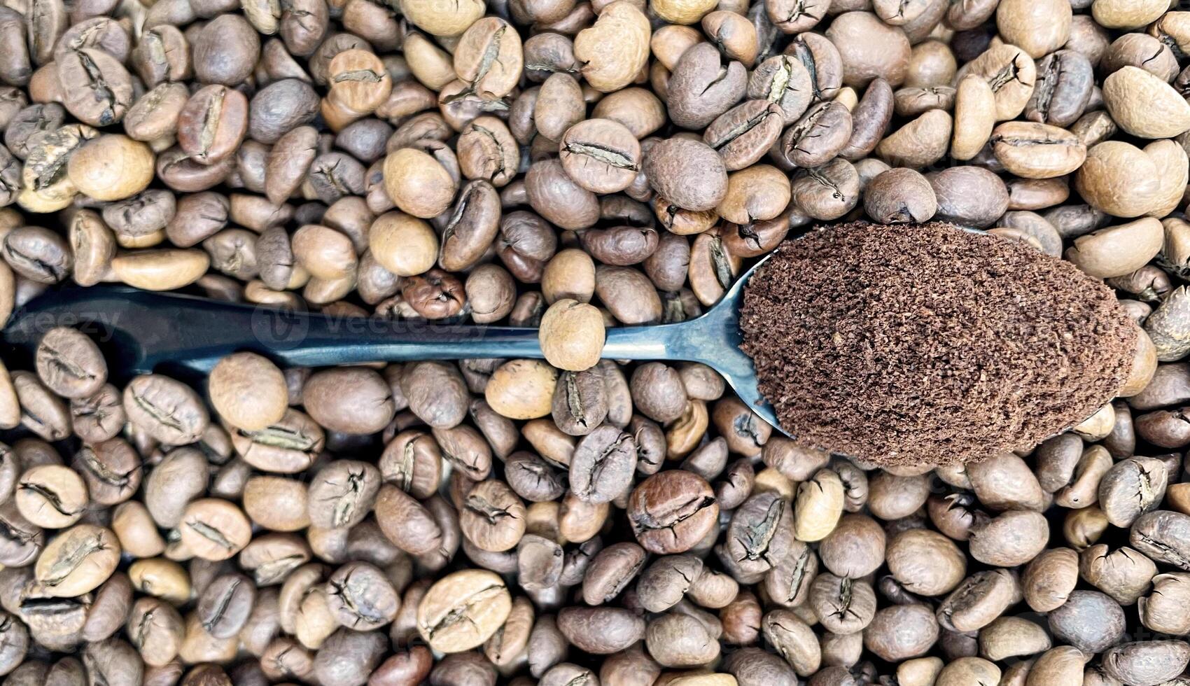 contre le Contexte de rôti aromatique café des haricots mensonges une métal cuillère rempli avec sol café. une boisson fabriqué de rôti et sol des haricots de le café arbre ou café buisson. photo