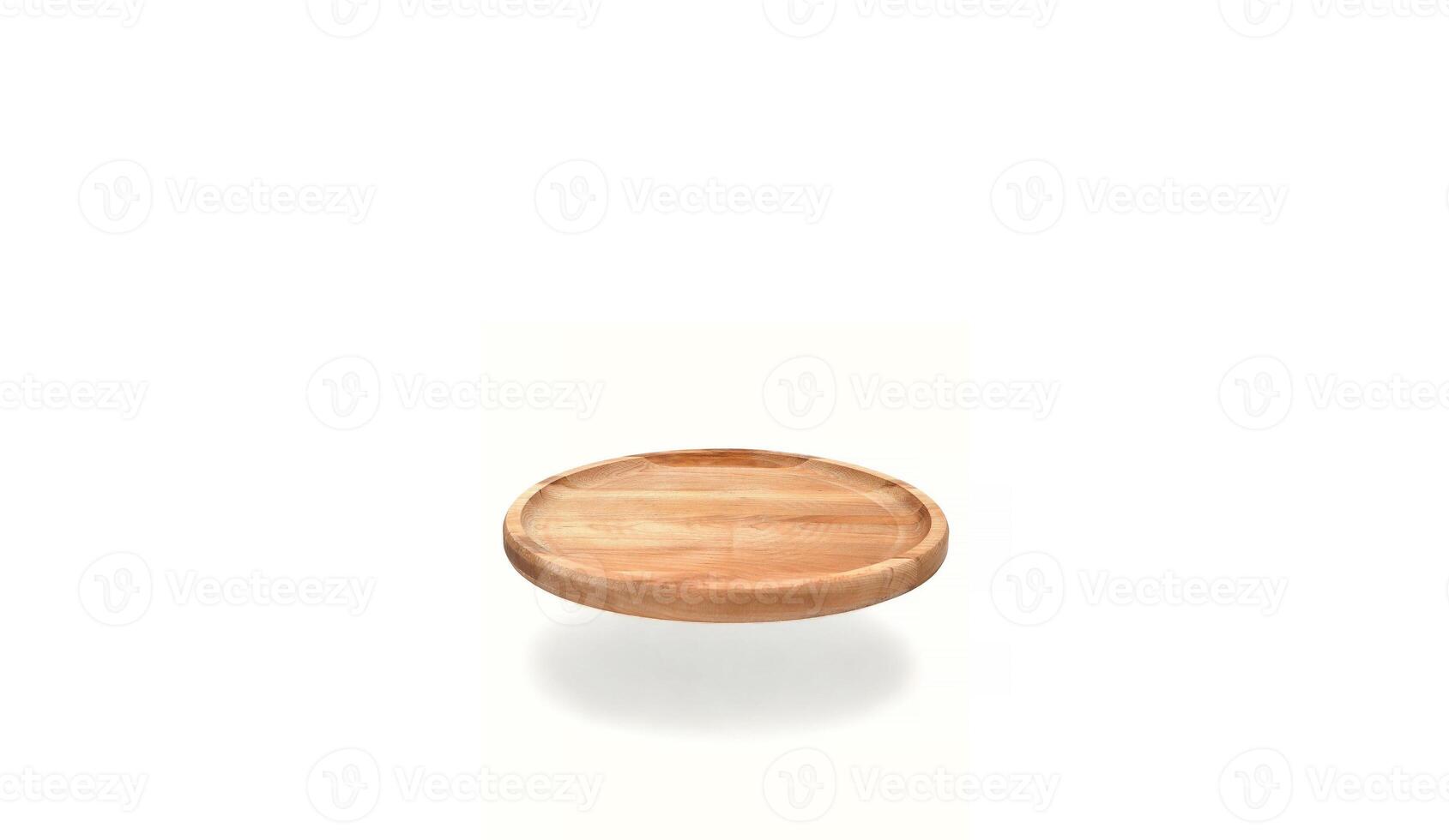 vide rond en bois assiette avec côtés pendaison sur une blanc Contexte avec ombre. espace pour l'image de marque, texte ou menu. affaires nourriture marque modèle. mise en page. cuisine aliments. culinaire Contexte. photo