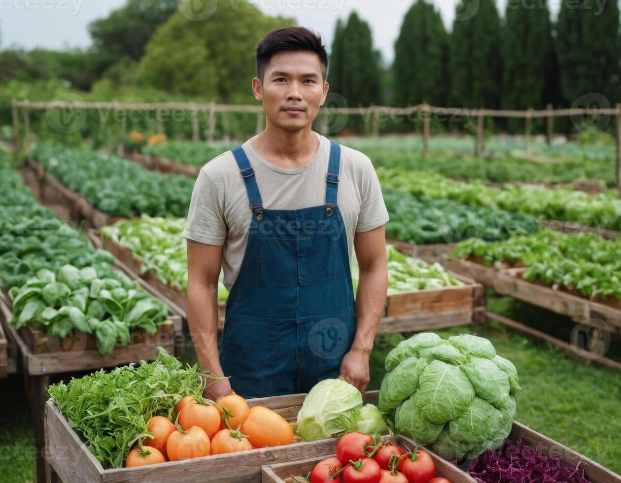 ai généré portrait de une agriculteur dans le jardin. ai génération. photo