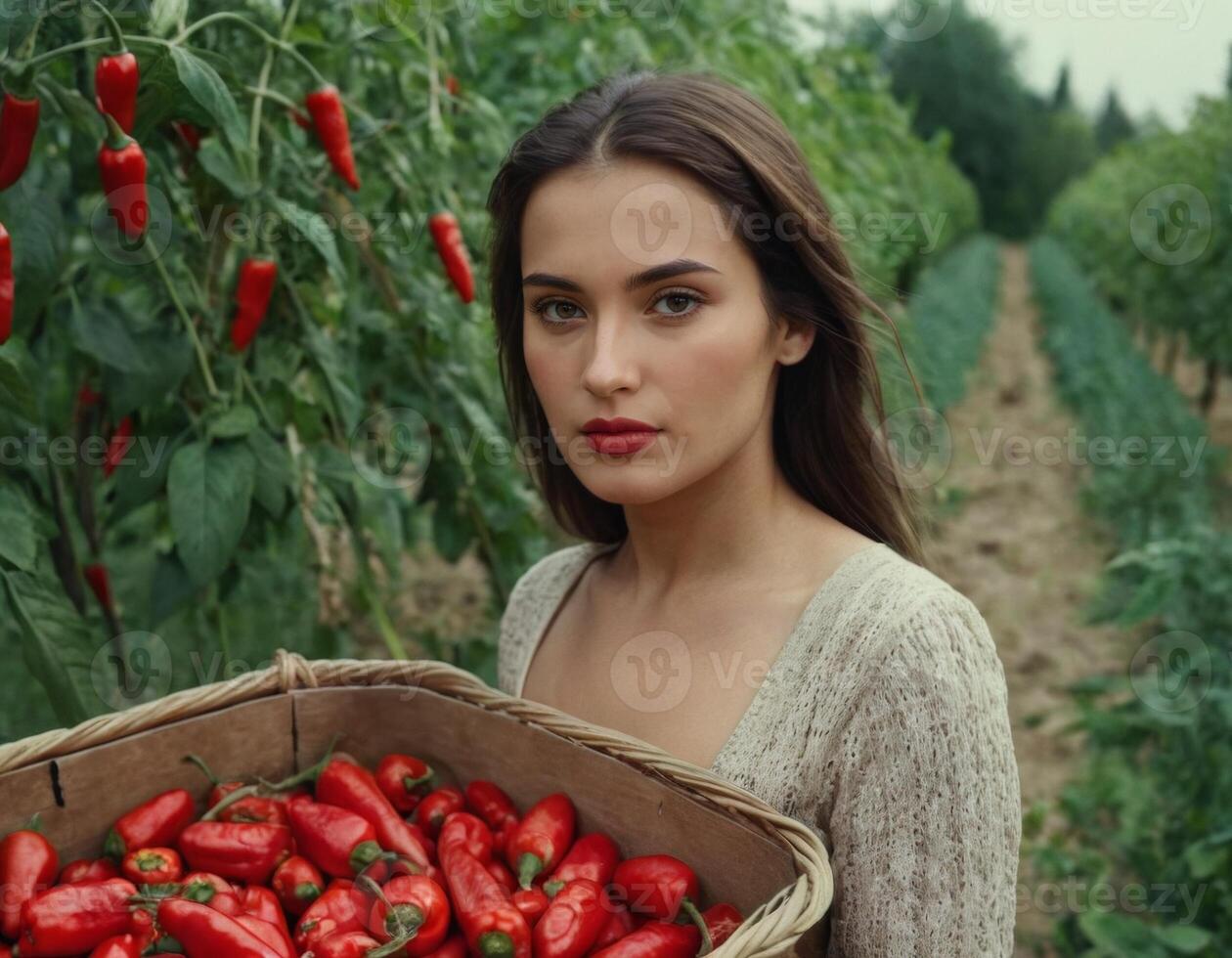 ai généré portrait de une Jeune femme avec une récolte de des légumes dans le jardin. ai génération photo