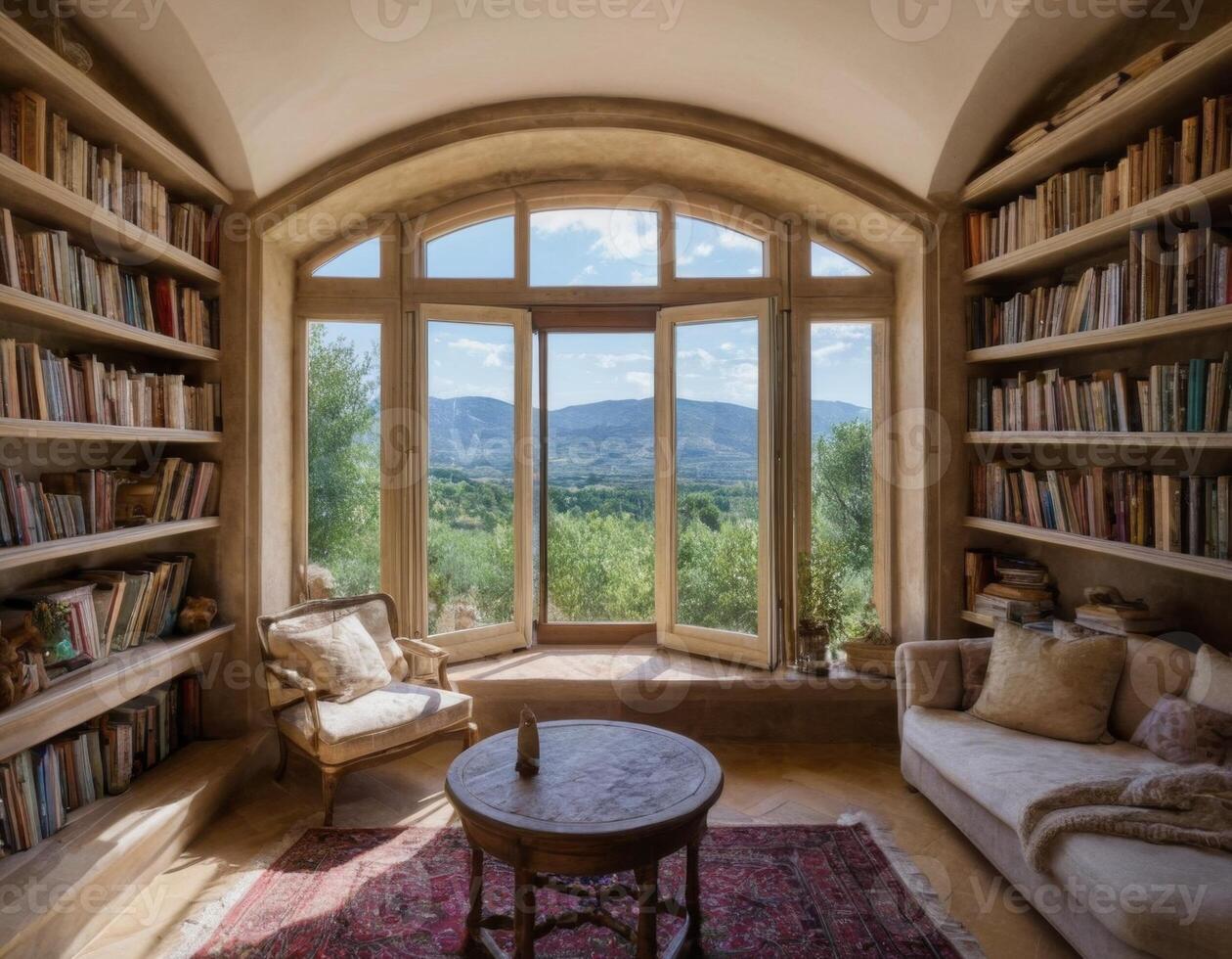 ai généré intérieur de une bibliothèque dans une pays maison. photo