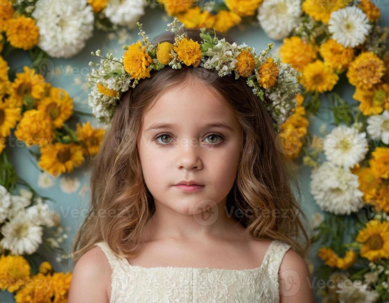 ai généré portrait de une fille avec Jaune fleurs. photo