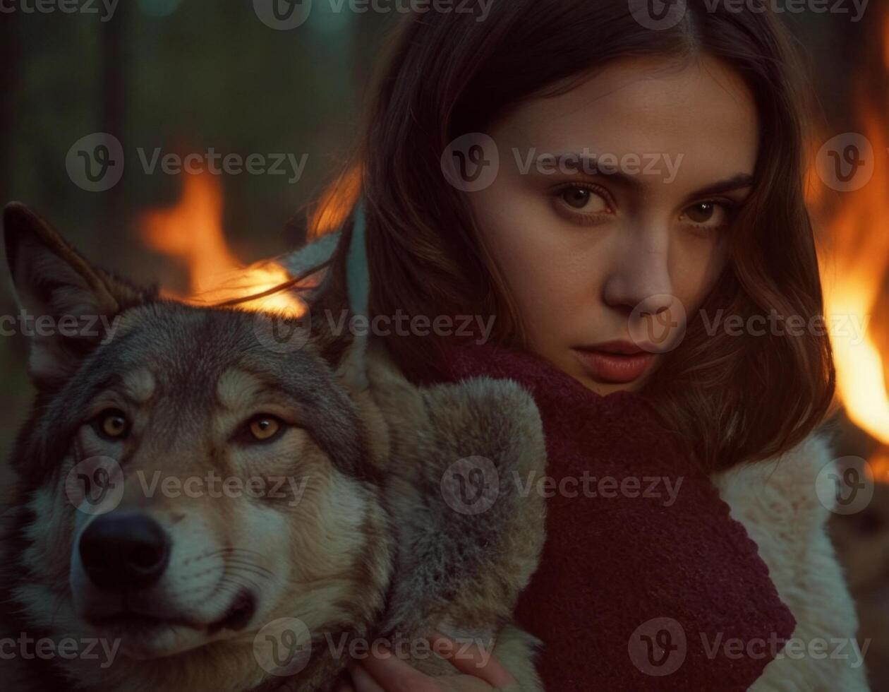 ai généré une femme avec une énorme chien contre une Contexte de Feu. photo
