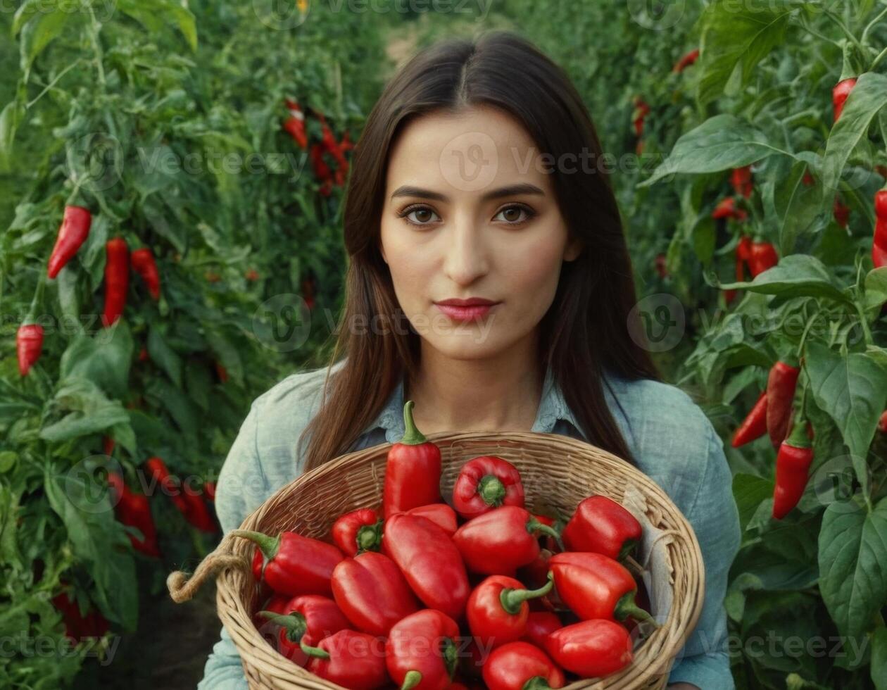 ai généré portrait de une Jeune femme avec une récolte de des légumes dans le jardin. ai génération photo