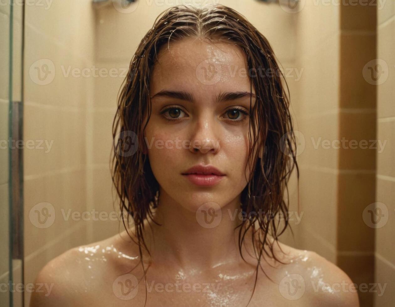 ai généré image de une Jeune femme avec humide cheveux dans le douche. ai génération photo