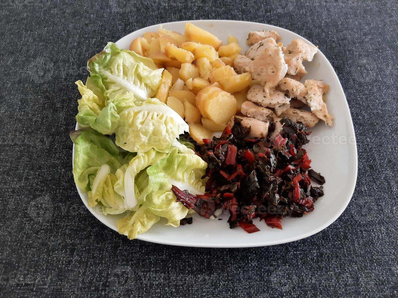 fait maison grillé poulet avec bouilli pommes de terre, vert salade, et Rhubarbe servi sur une blanc assiette photo